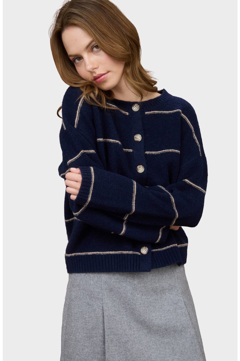 Stripe Crewneck Cardigan, Alternate, color, NAVY