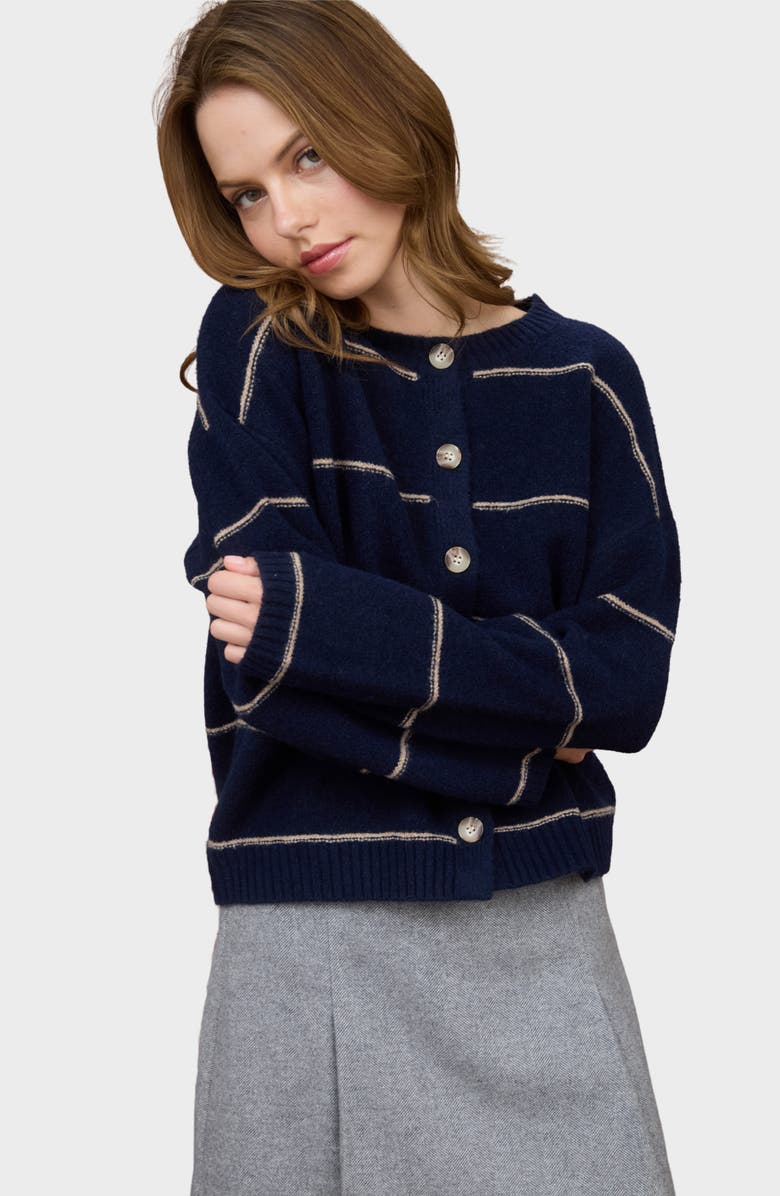 Blu Pepper Stripe Crewneck Cardigan, Alternate, color, Navy