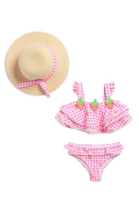 Gingham Strawberry Two-Piece Swimsuit & Hat Set (Baby)