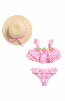 Nicole Miller Gingham Strawberry Two-Piece Swimsuit & Hat Set