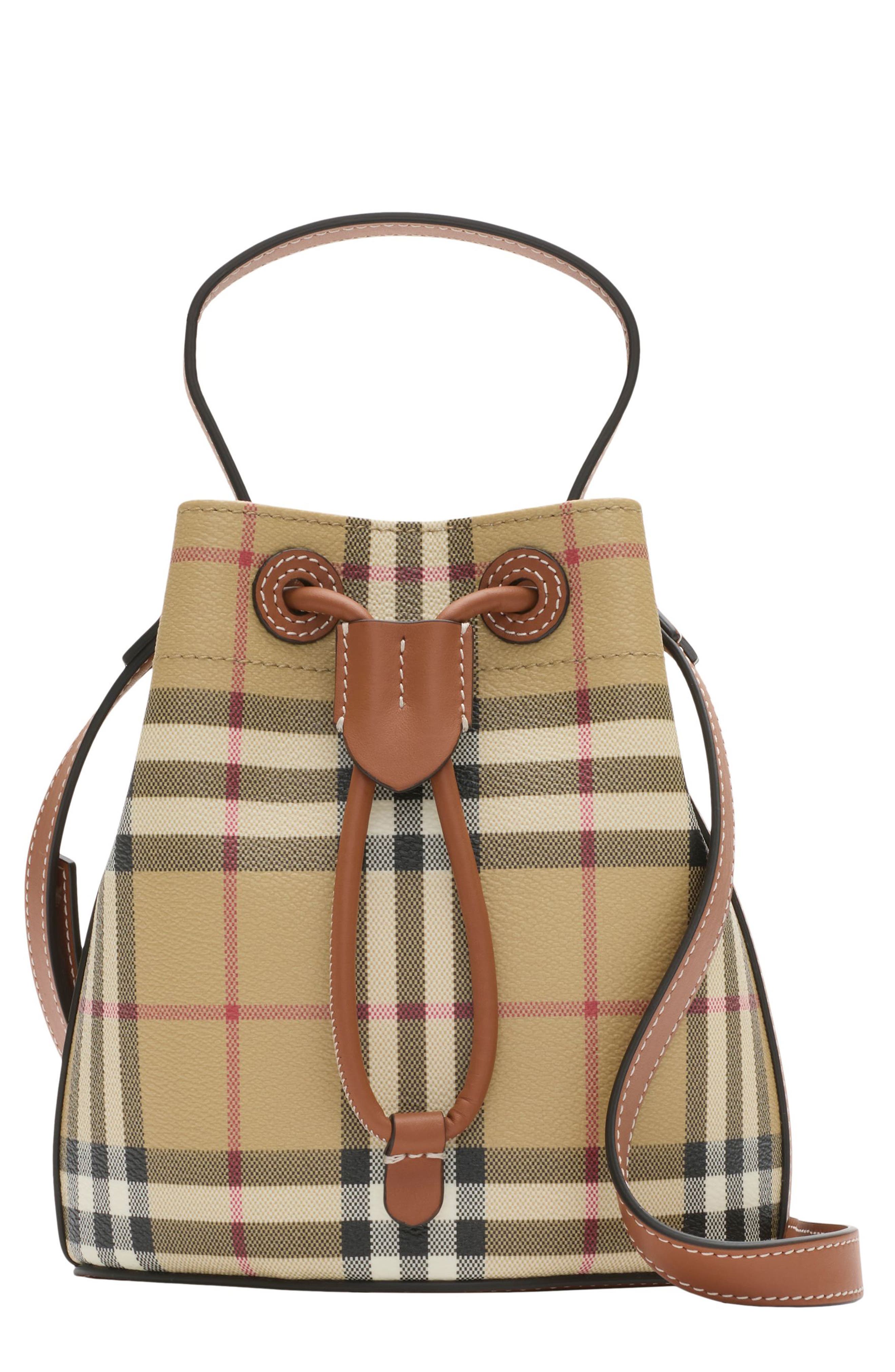 Burberry Mini Check Bucket Bag, Main, color, Vintage Check/ Briar Brown