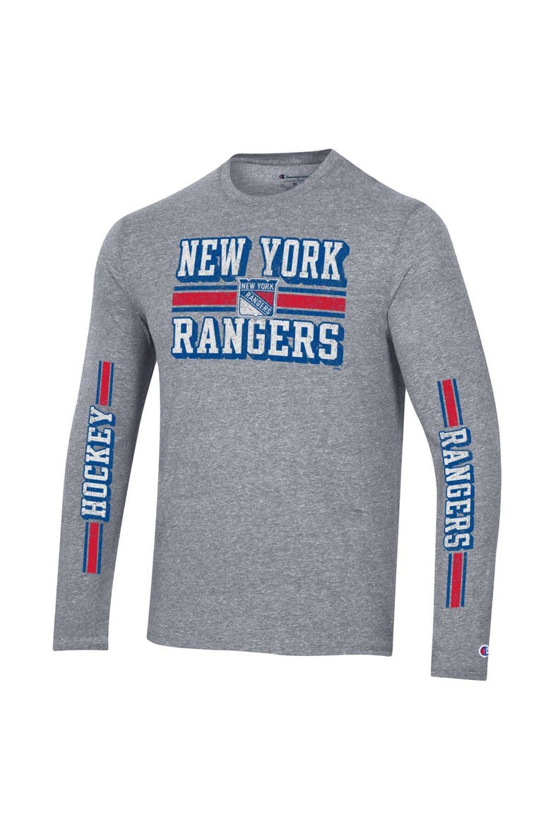 Men's Champion Heather Gray New York Rangers Tri-Blend Dual-Stripe Long Sleeve T-Shirt, Alternate, color, Heather Gray
