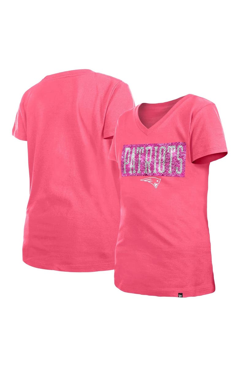 New Era Girls Youth New Era Pink New England Patriots Reverse Sequin V-Neck T-Shirt, Main, color, 