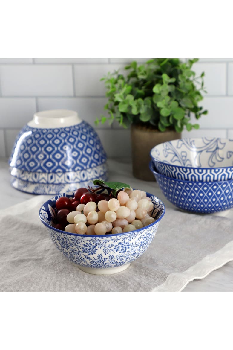 Moxy 6 Piece Assorted Design 20oz Porcelain Footed Bowl Set, Alternate, color, Blue