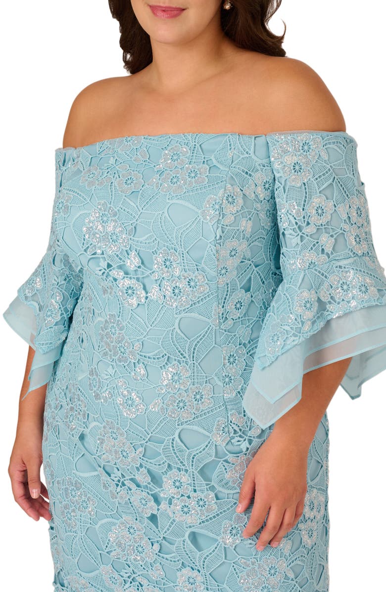 Adrianna Papell Sequin Lace Off the Shoulder Column Gown, Alternate, color, Airy Aqua