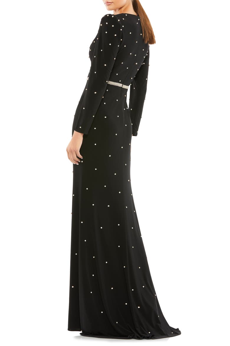 Crystal Detail Long Sleeve Column Gown, Alternate, color, BLACK SILVER