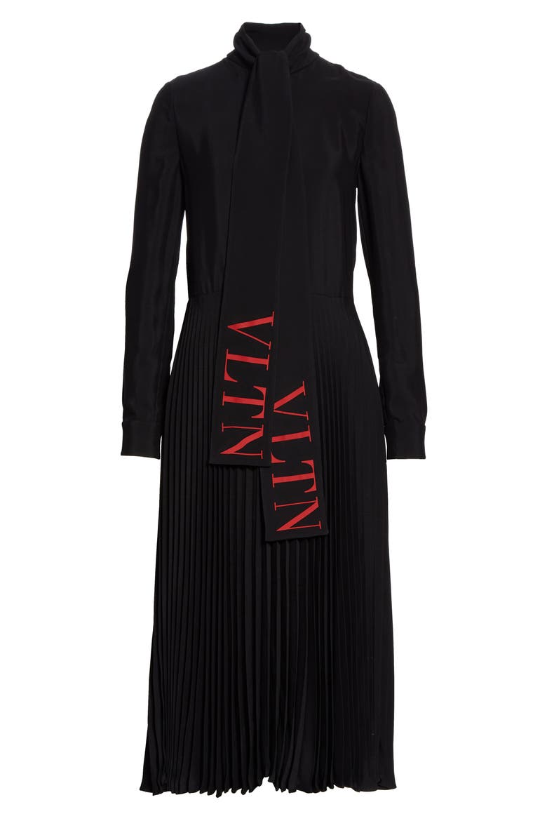 VLTN Logo Tie Neck Long Sleeve Midi Dress, Alternate, color, BLACK/ RED