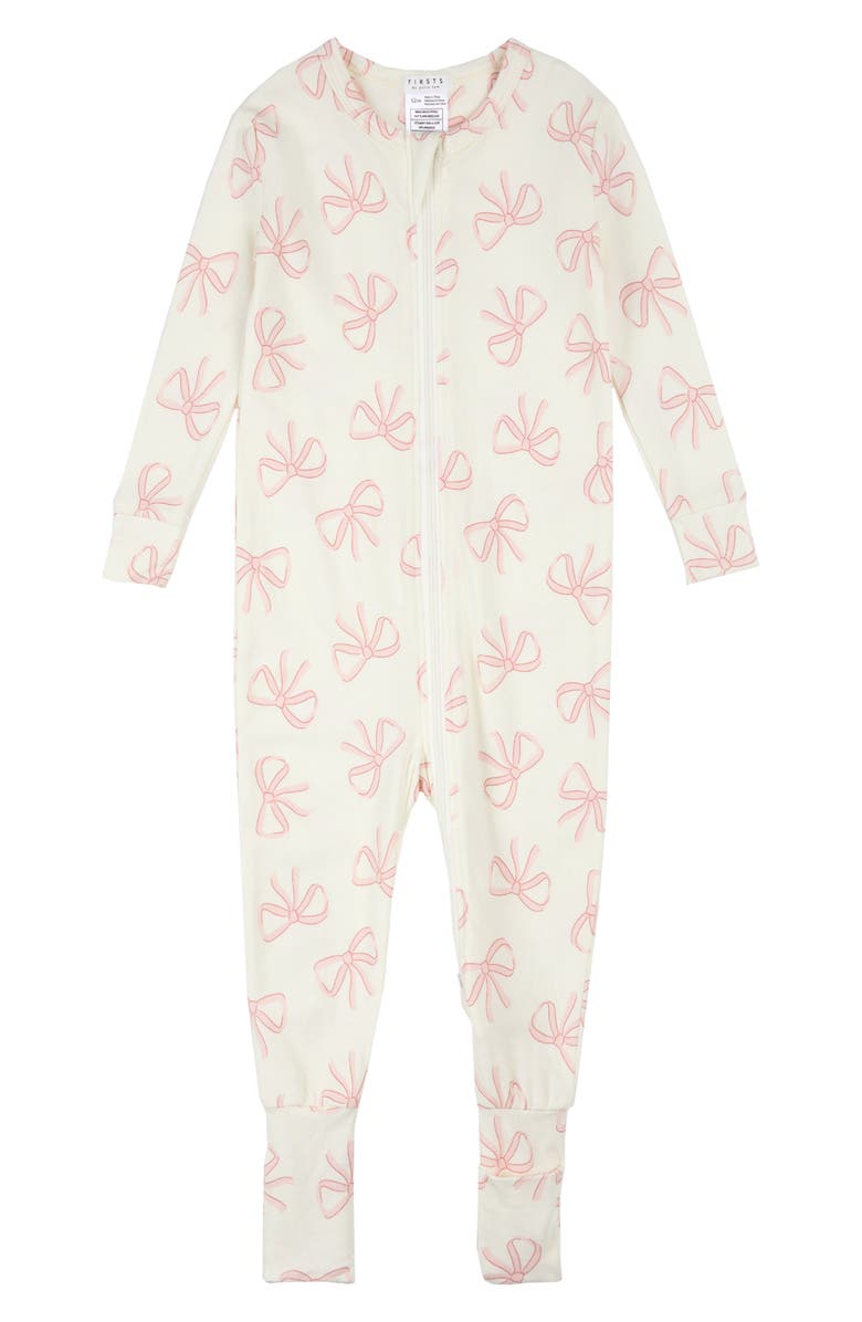 Petit Lem Bow Print Convertible One-Piece Pajamas, Main, color, Beige