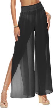 Ramy Brook Athena Semisheer Split Hem Wide Leg Cover-Up Pants