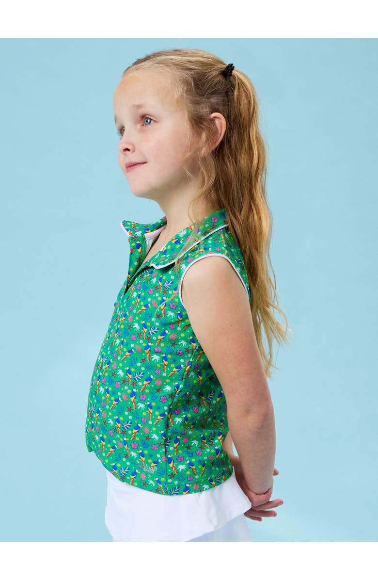 RuffleButts UPF50+ Sleeveless Polo Active Top, Alternate, color, Tiny Parrot Palms