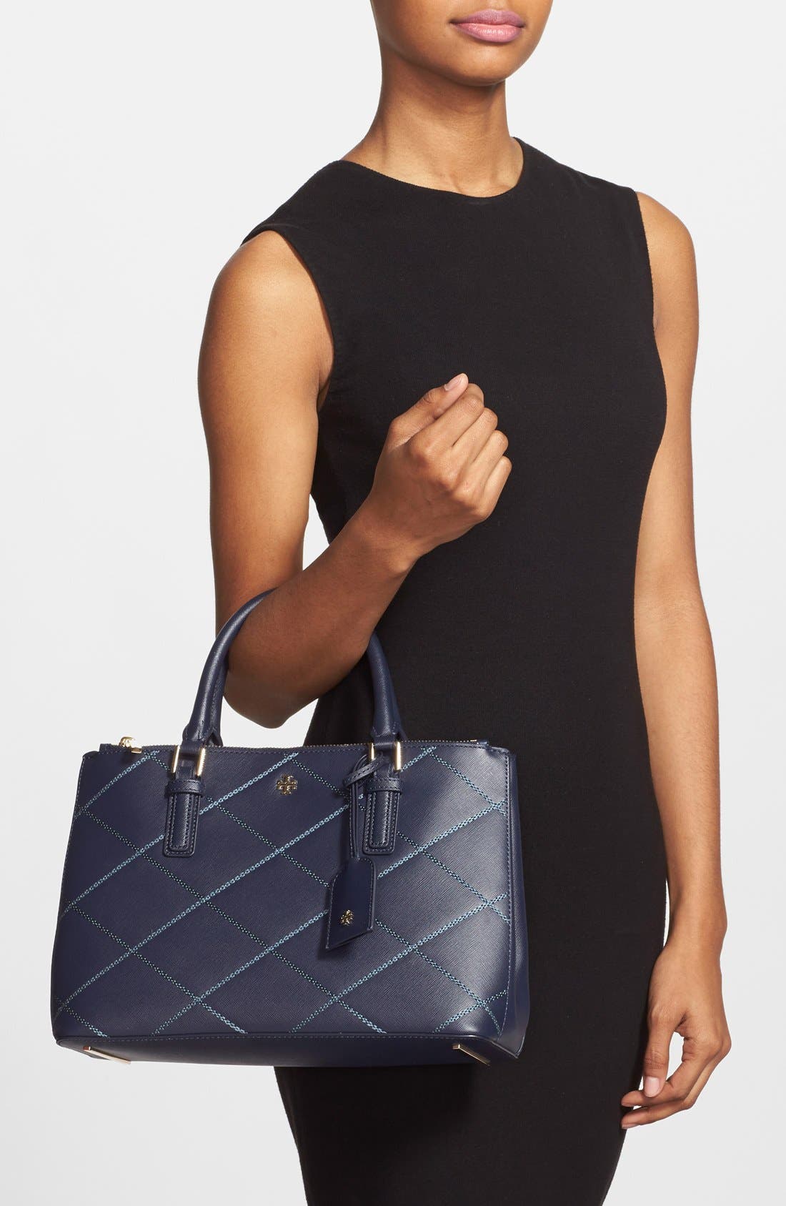 Tory Burch 'Mini Robinson' Double Zip Saffiano Leather Tote, Alternate, color, 