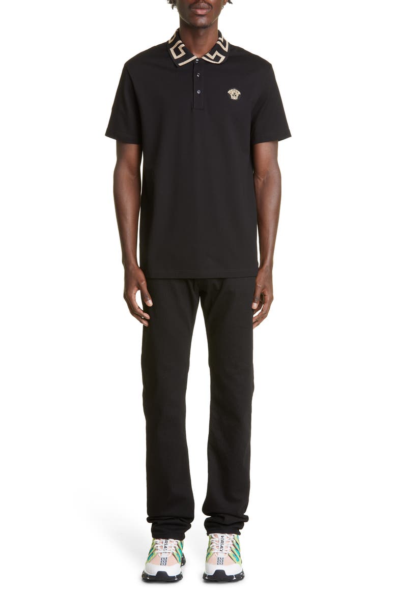 Greco Collar Cotton Piqué Polo, Alternate, color, BLACK