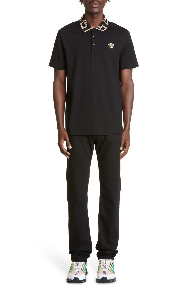 Versace Greco Collar Cotton Piqué Polo, Alternate, color, Black