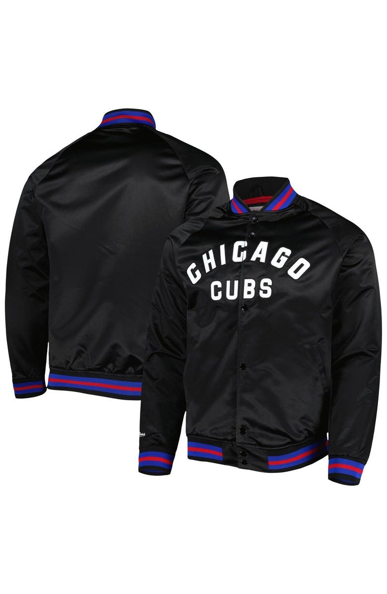 Mitchell & Ness Men's Mitchell & Ness Black Chicago Cubs Satin Raglan Full-Snap Varsity Jacket, Main, color,