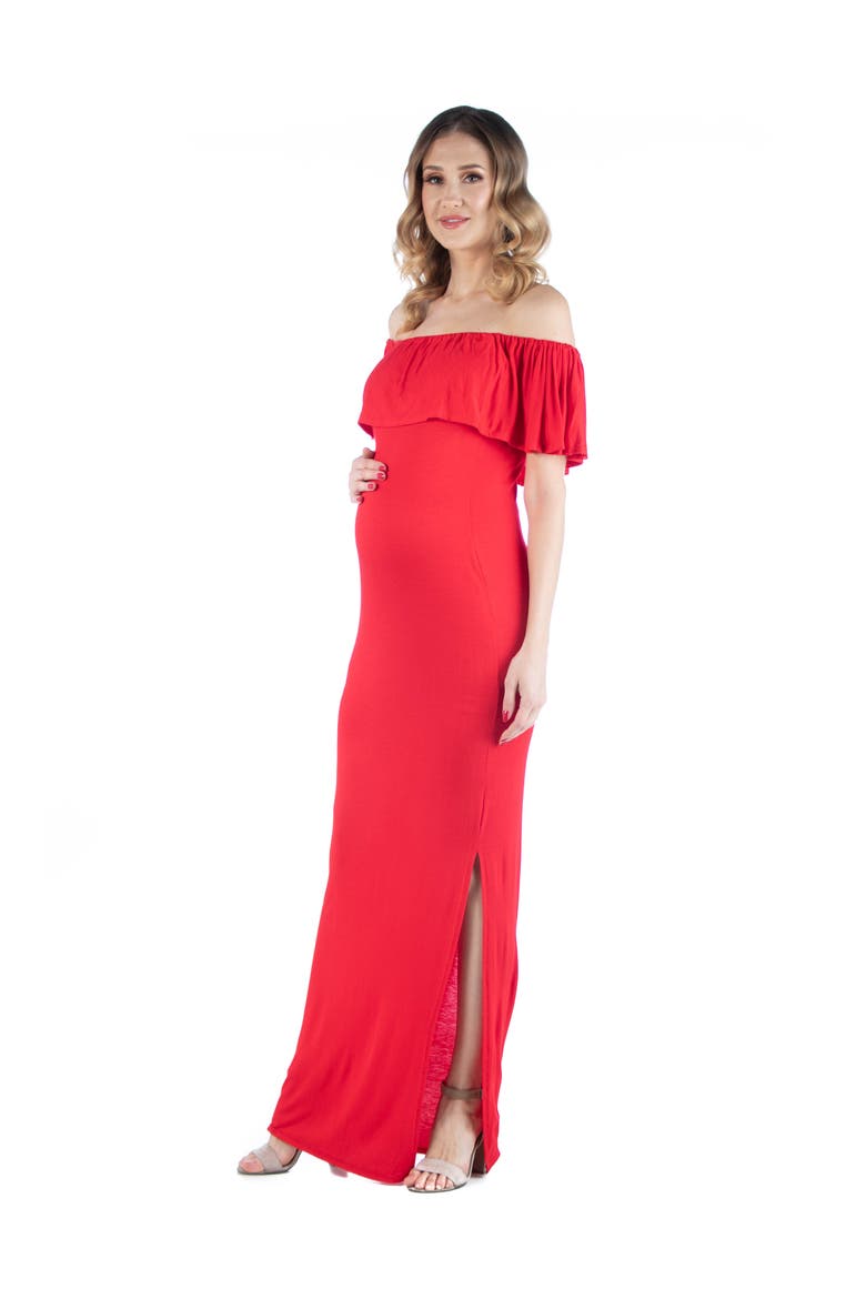 Maternity Off Shoulder Ruffle Detail Maxi Dress, Alternate, color, Red