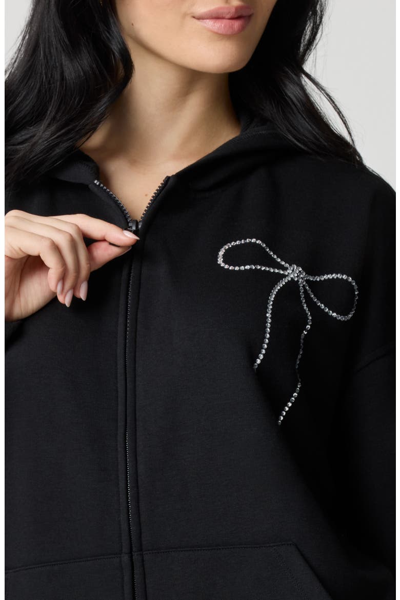 Crystal Bow Front Zip Hoodie, Alternate, color, BLACK