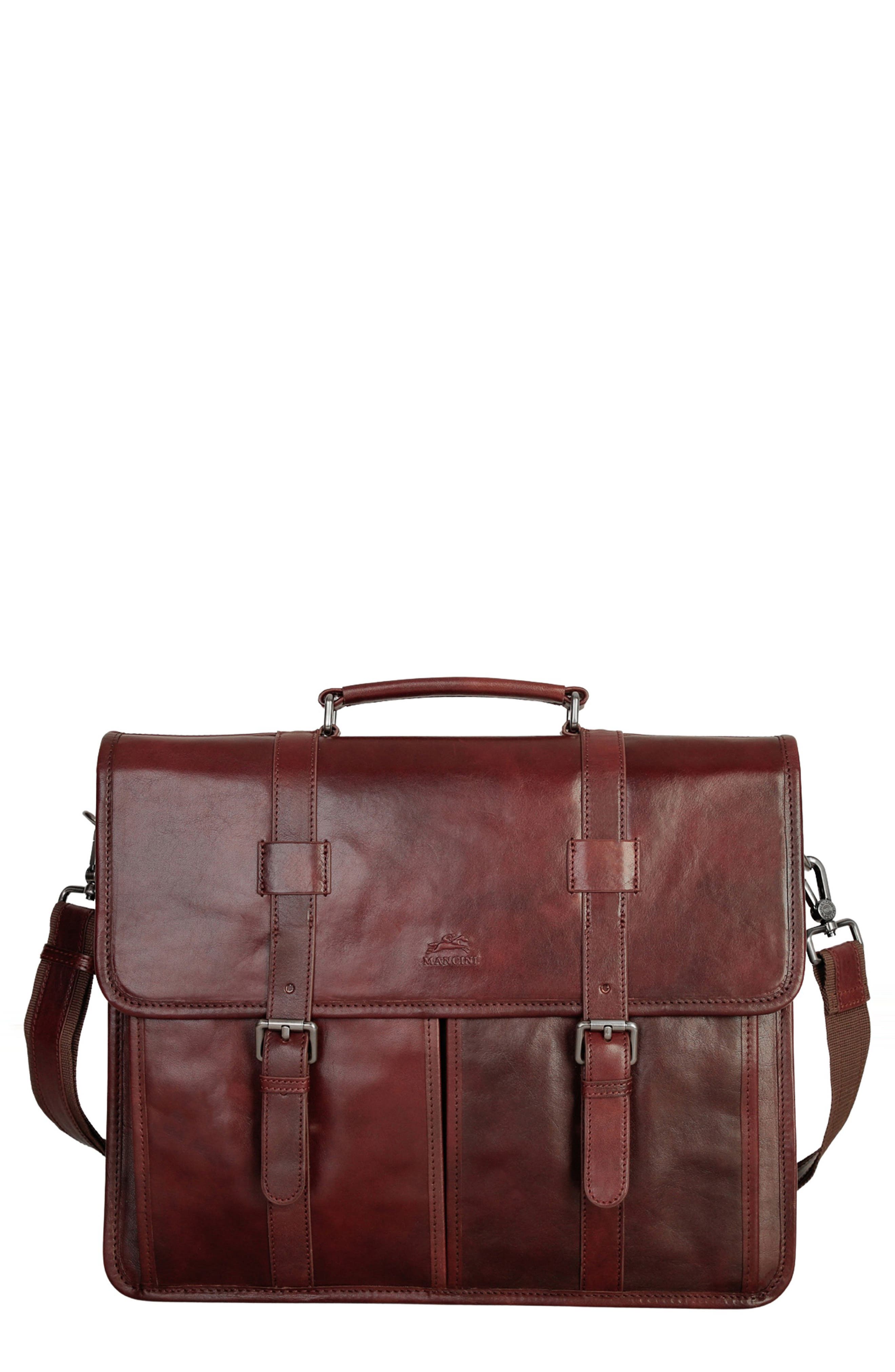 Double Compartment Leather Briefcase, Main, color, BROWN