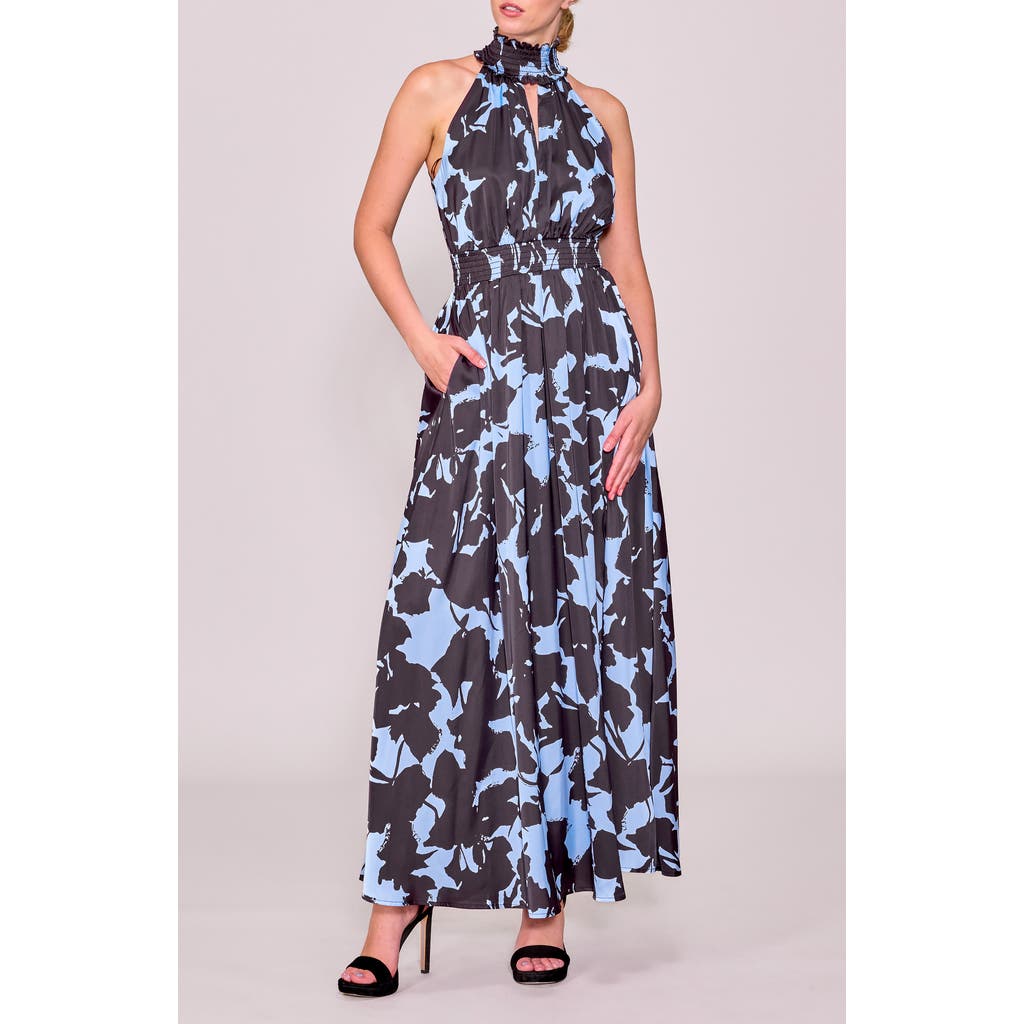 Melloday Abstract Maxi Halter Dress In Blue
