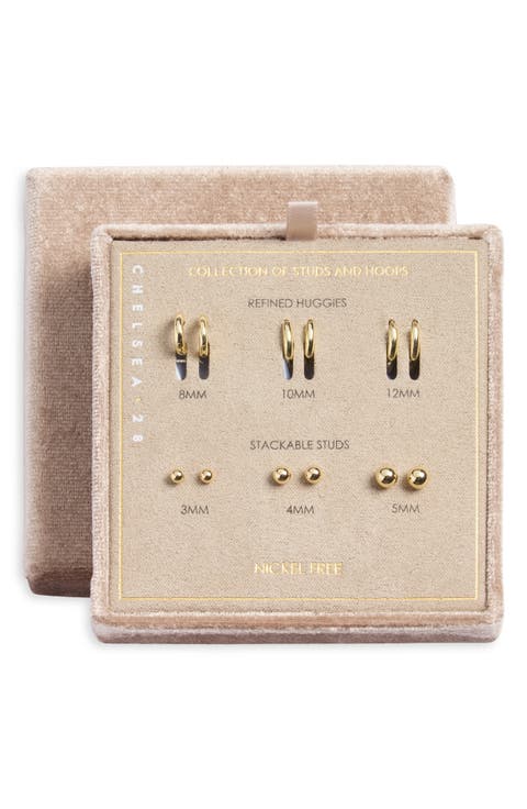 Gift Boxed Set of 6 Huggie Hoop & Stud Earrings