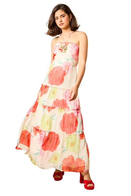 Oasis Rosette Detail Halterneck Midi Dress In Pink