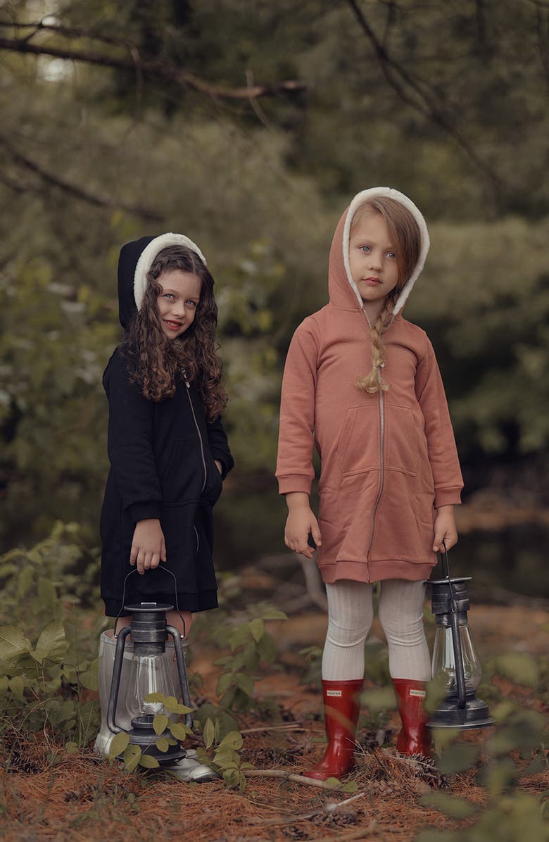 Manière Kids' Faux Fur Lined Zip-Up Hoodie Dress, Alternate, color, Black