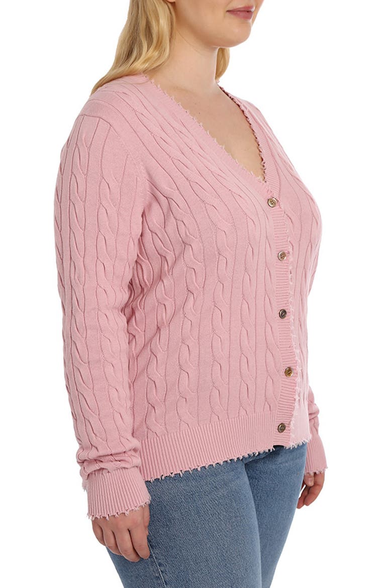 Frayed V-Neck Cable Knit Cotton Cardigan, Alternate, color, PINK PEARL