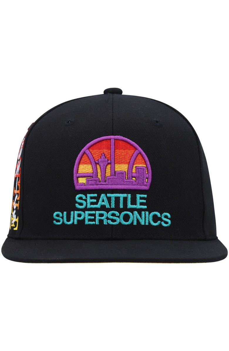 Mitchell & Ness Men's Mitchell & Ness  Black Seattle SuperSonics Soul High-Grade Fade Undervisor Snapback Hat, Alternate, color, 