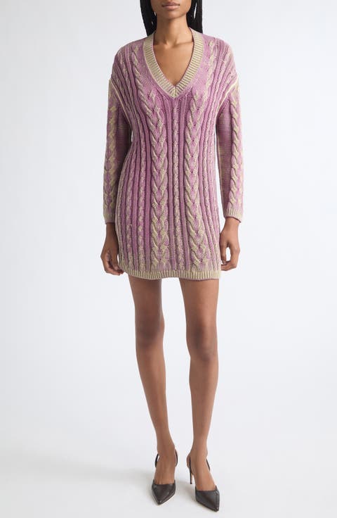 Bleached Long Sleeve Cotton Blend Cable Sweater Dress