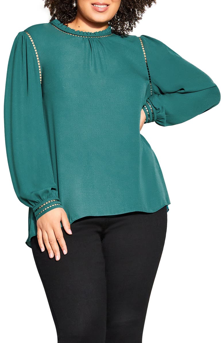 City Chic Kiss Me Quick Embroidered Inset Blouse, Main, color, Alpine