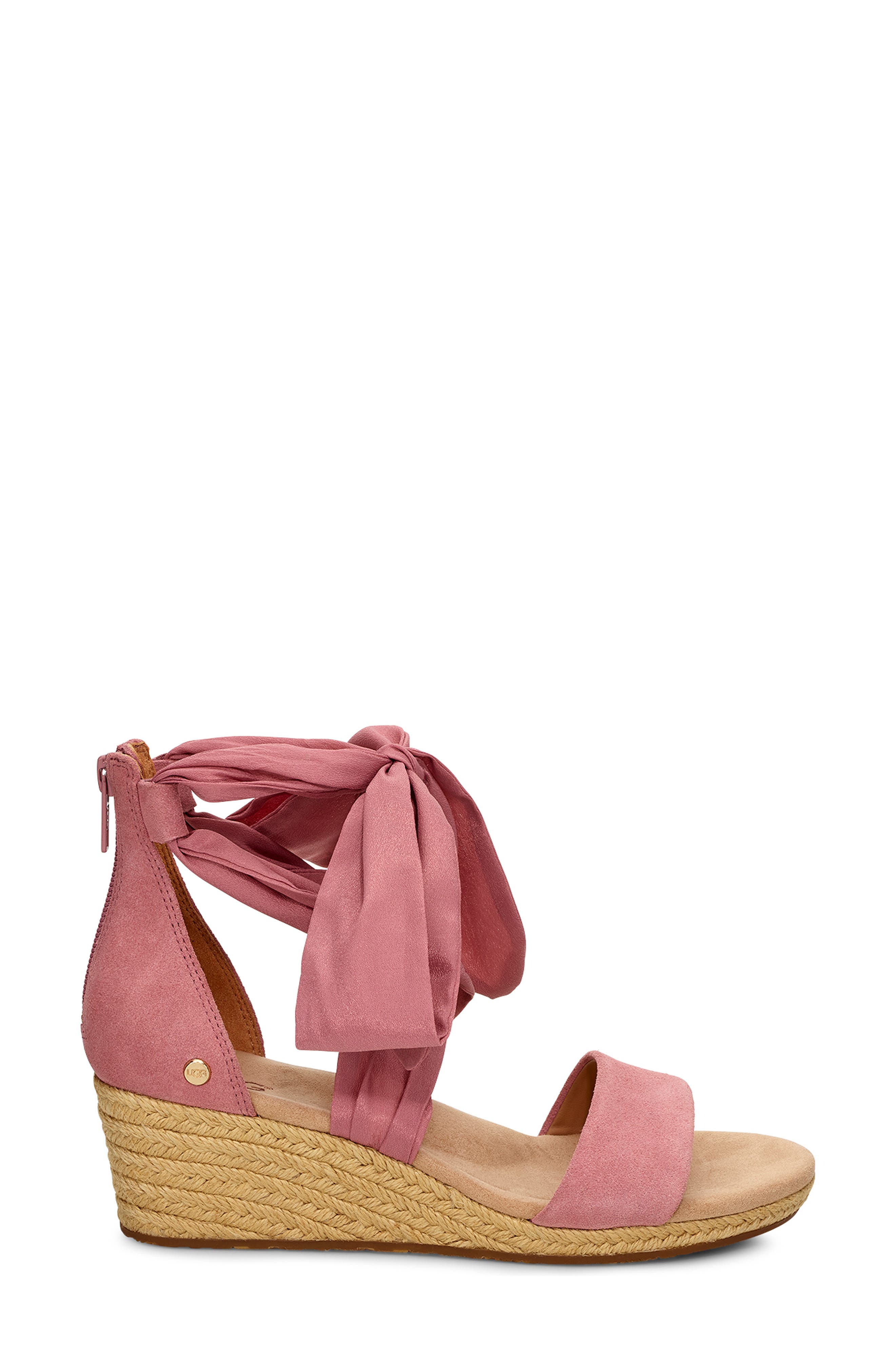 Trina Ribbon Tie Wedge Sandal, Alternate, color, PINK DAWN SUEDE