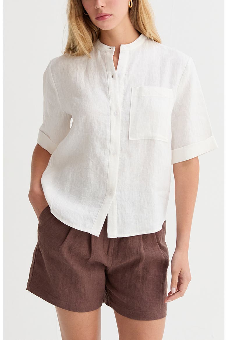 Mandarin Collar Button Up Linen Top, Alternate, color, White