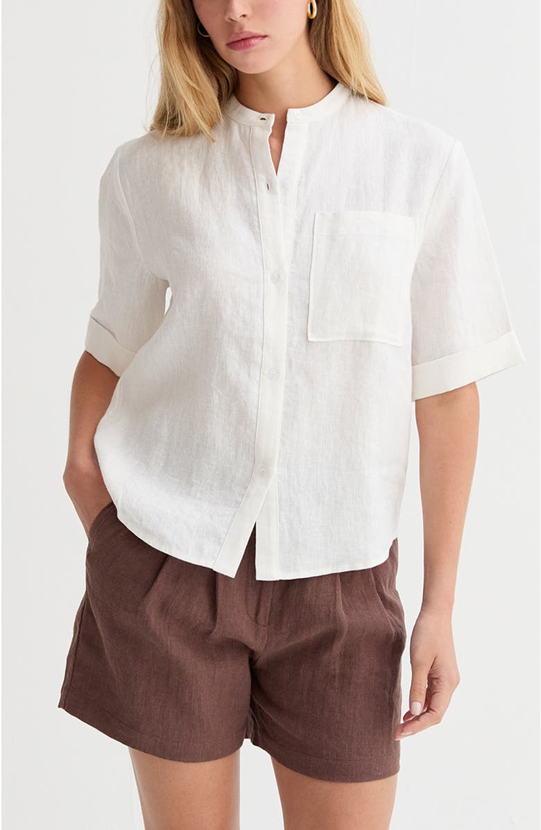 CRESCENT Mandarin Collar Button Up Linen Top, Alternate, color, White