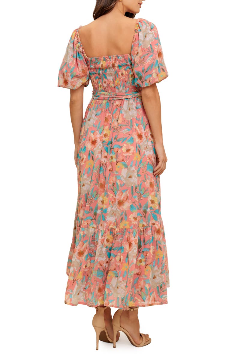 FLYING TOMATO Smocked Puff Sleeve Midi Dress, Alternate, color, Rose