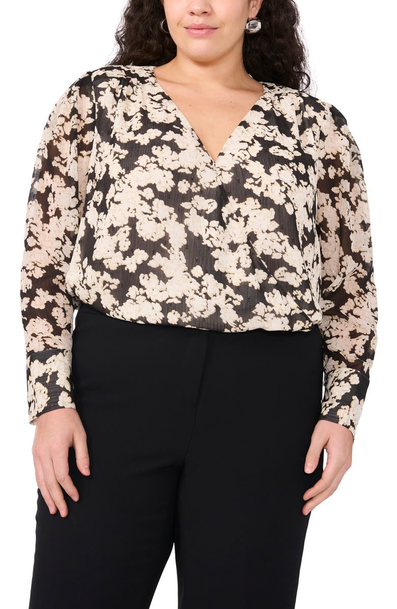 Vince Camuto Bead Detail Floral Wrap Front Chiffon Top, Main, color, Rich Black