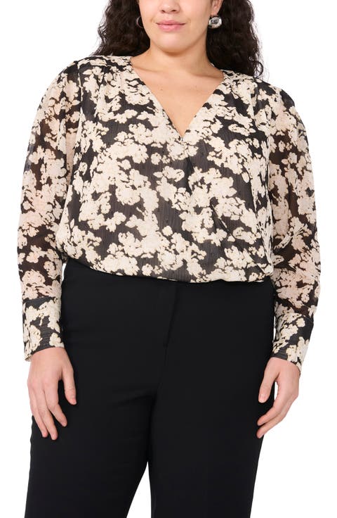 Bead Detail Floral Wrap Front Chiffon Top (Plus)