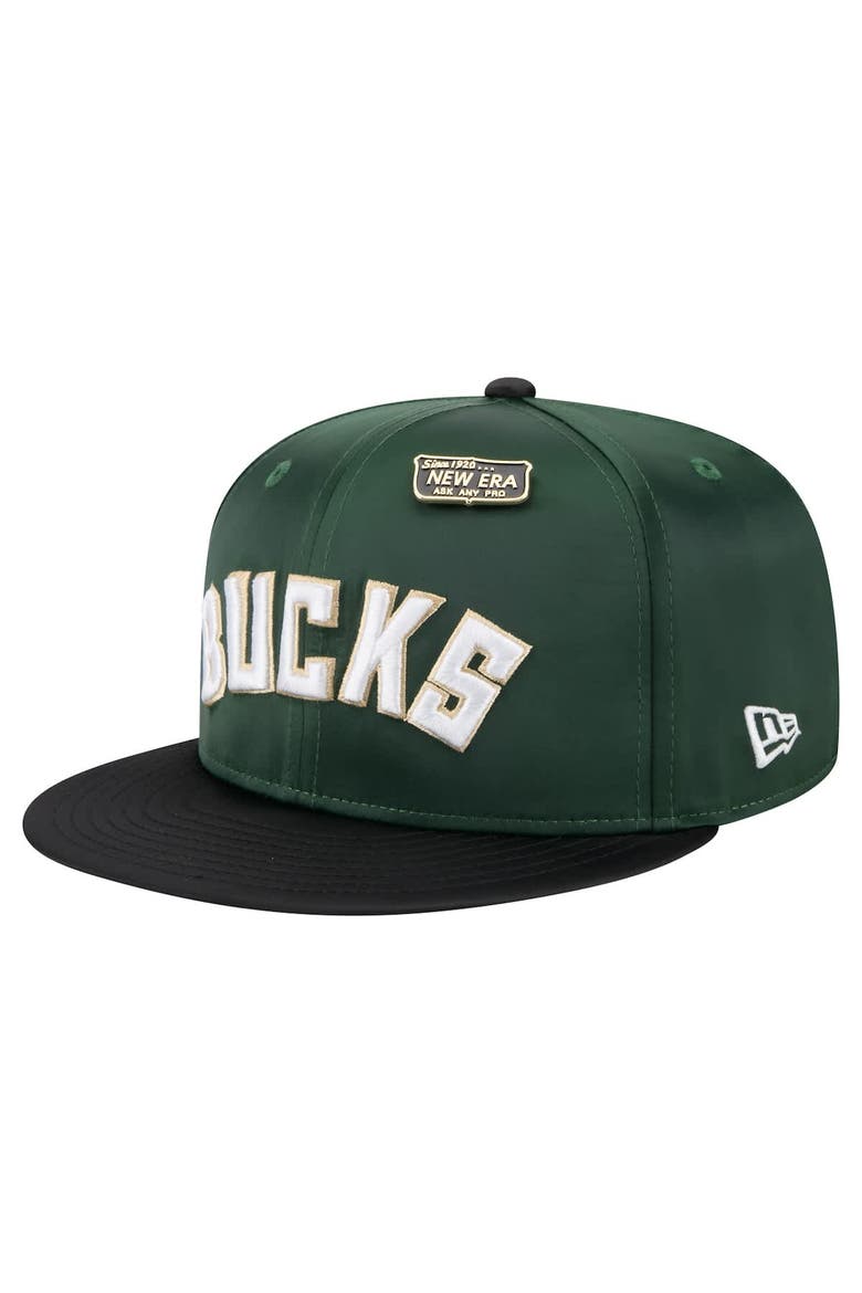Men's New Era  Hunter Green/Black Milwaukee Bucks Throwback Satin Vintage Pin Two-Tone 59FIFTY Fitted Hat, Alternate, color, Hunter Green