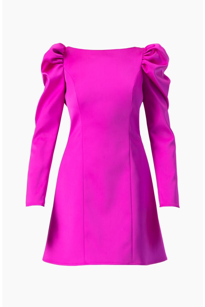 Puff-Sleeve Open-Back Bow Mini Dress in Satin, Alternate, color, Magenta