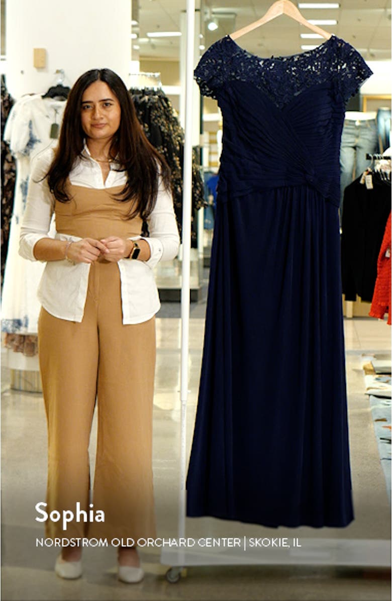 Illusion Yoke Twist Front Jersey Gown, sales video thumbnail