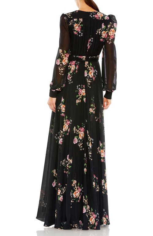 Mac Duggal Belted Floral Print Illusion Long Sleeve Gown In Black Multi