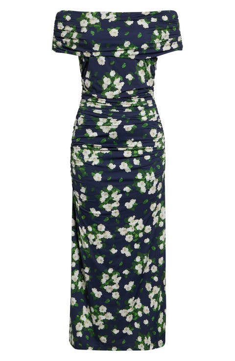 Floral Print Ruched Off the Shoulder Jersey Dress