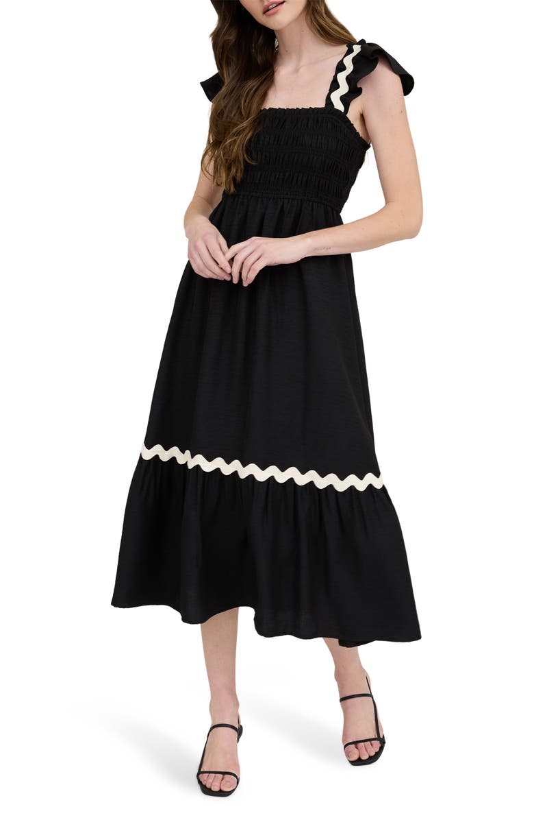 AUGUST SKY Wavy Ribbon Tiered Midi Dress, Main, color, Black