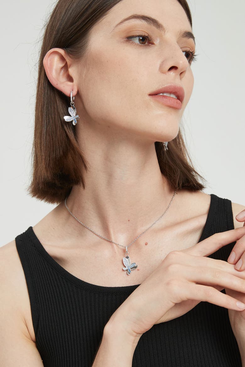 Pavé Butterfly Dangle Drop Hoop Earrings, Alternate, color, Silver/Clear