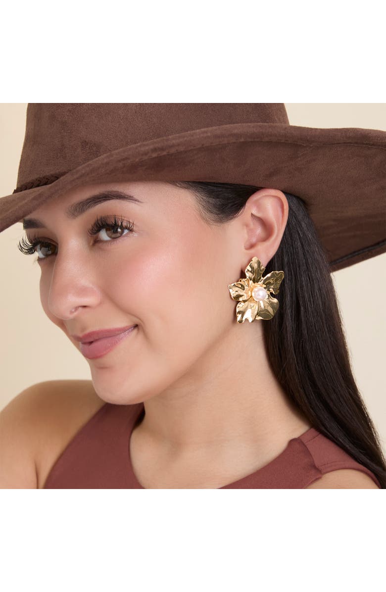 Jessica Simpson Flower Earrings with Pearl Center, Alternate, color, Gold