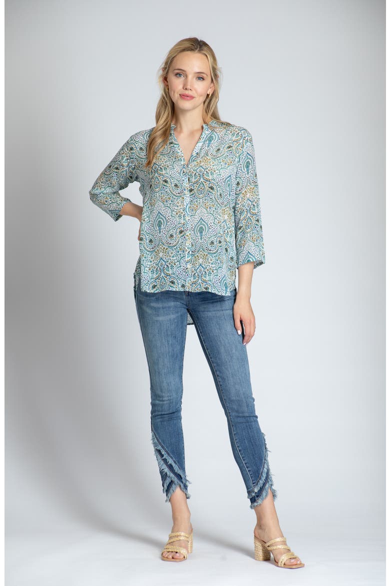 Print Mandarin Collar Chiffon Button-Up Top, Alternate, color, GREEN MULTI