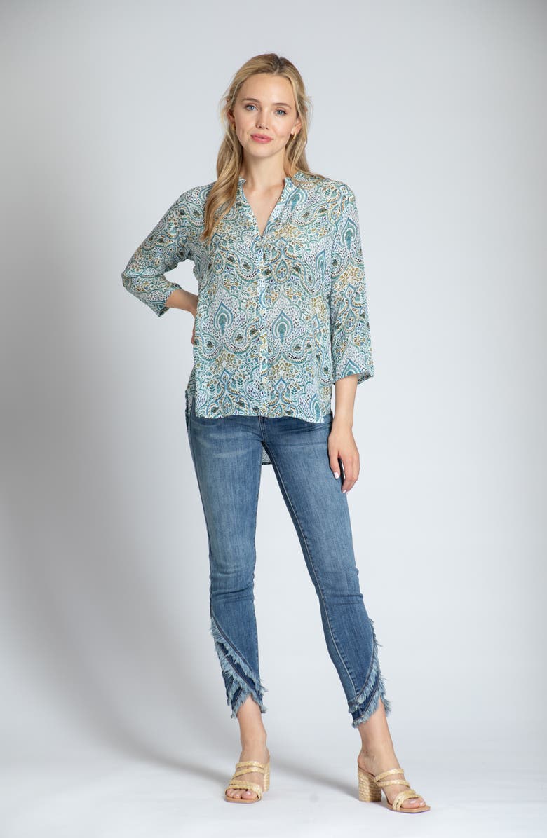 APNY Print Mandarin Collar Chiffon Button-Up Top, Alternate, color, Green Multi