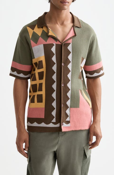 Oversize Geo Jacquard Knit Cotton Blend Camp Shirt