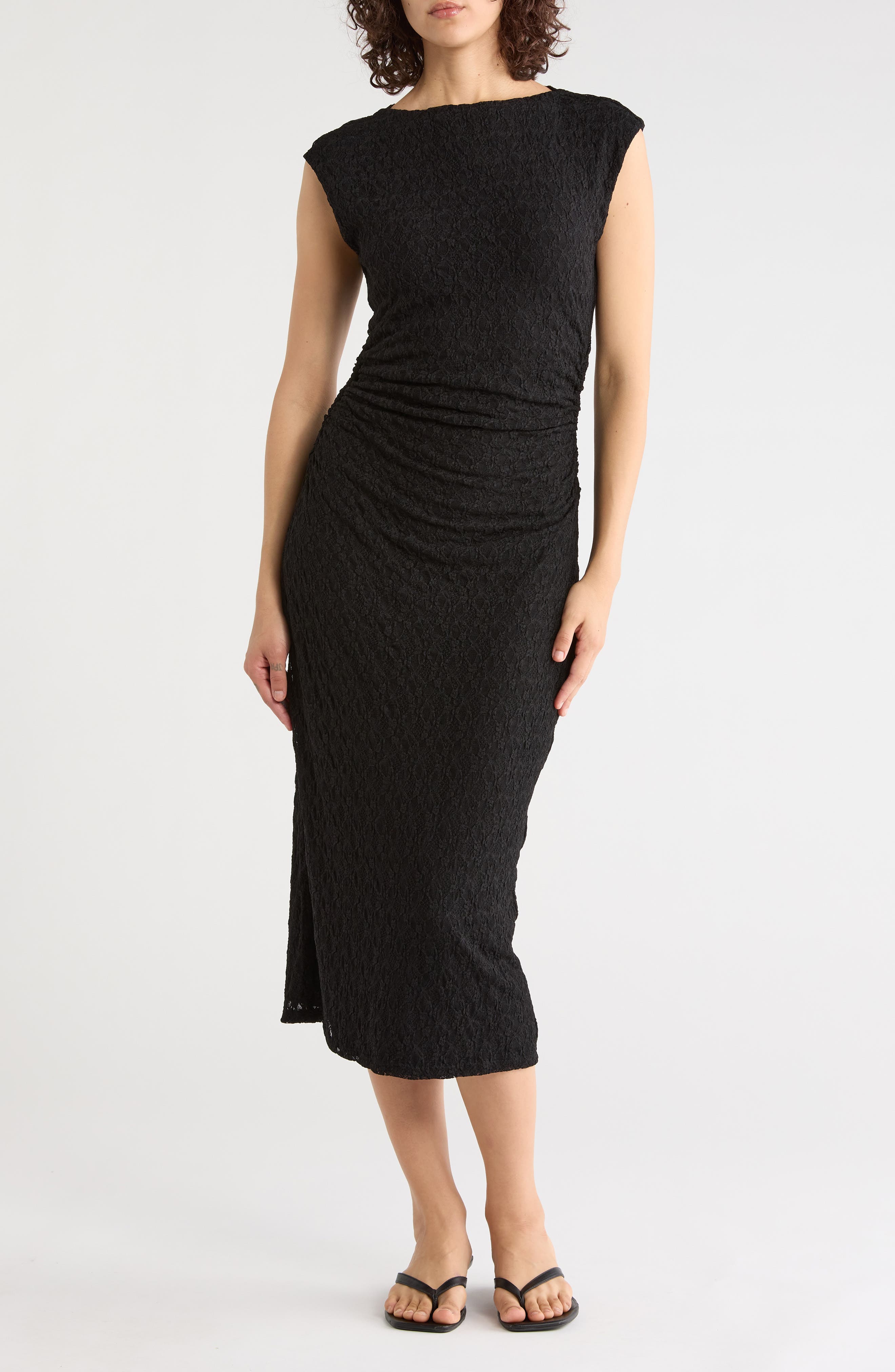 Ruched Lace Midi Dress
