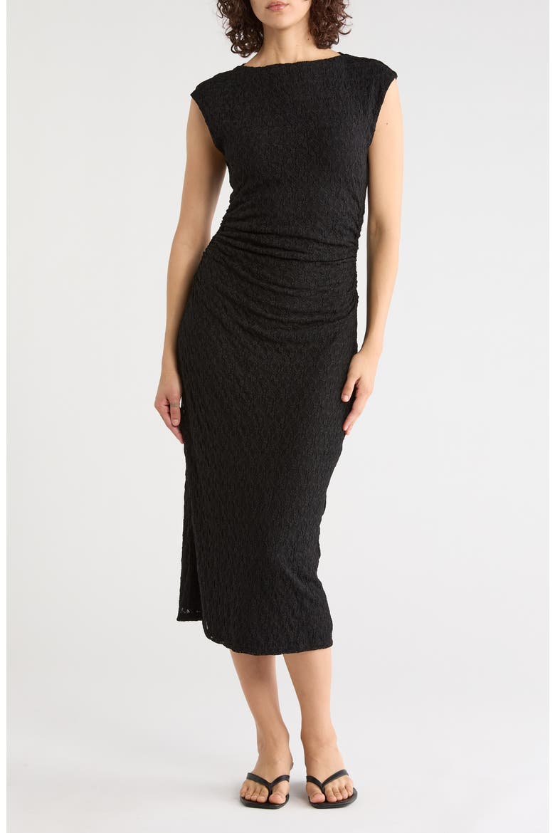 Ruched Lace Midi Dress, Main, color, BLACK