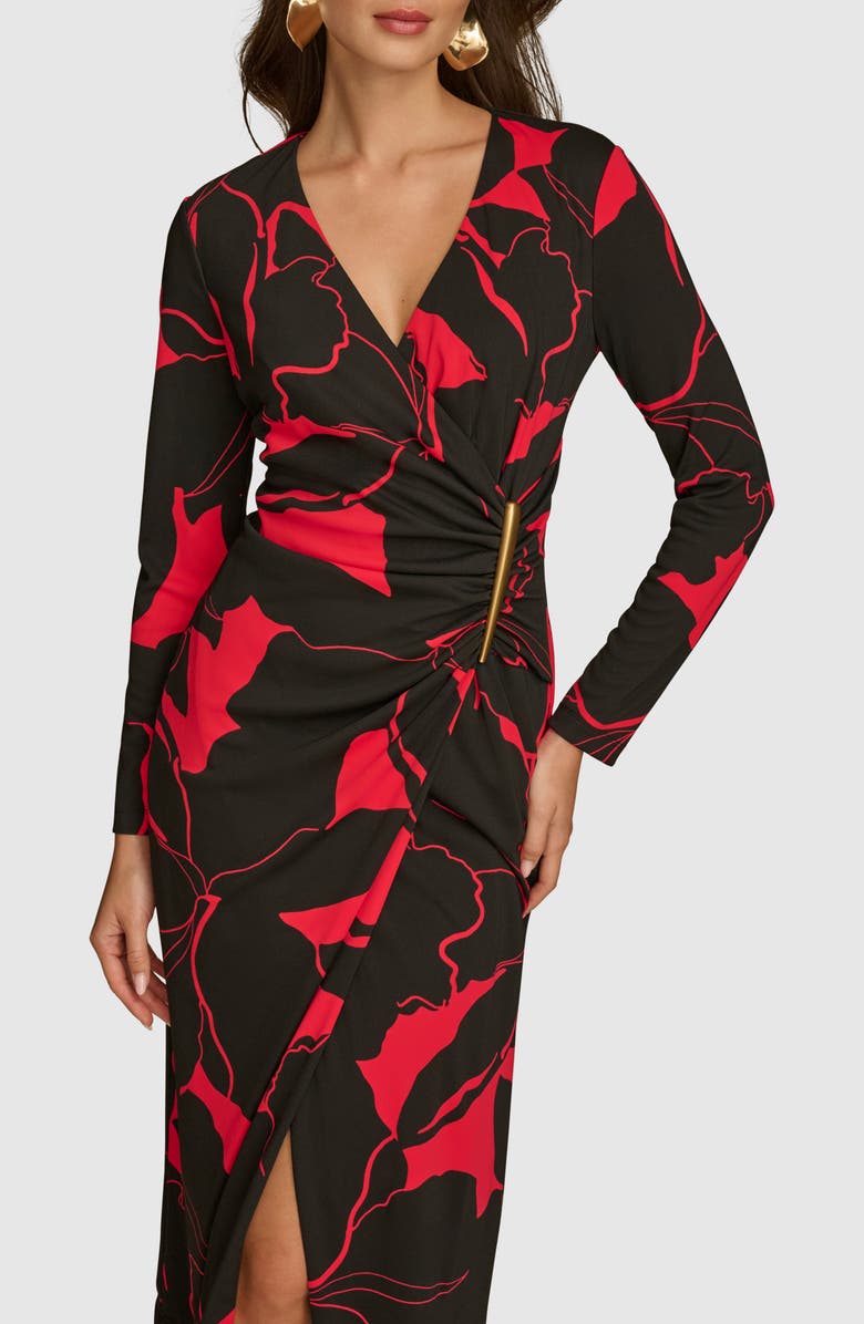 Donna Karan New York Bar Long Sleeve Faux Wrap Jersey Midi Dress, Alternate, color, Black/ Red Multi