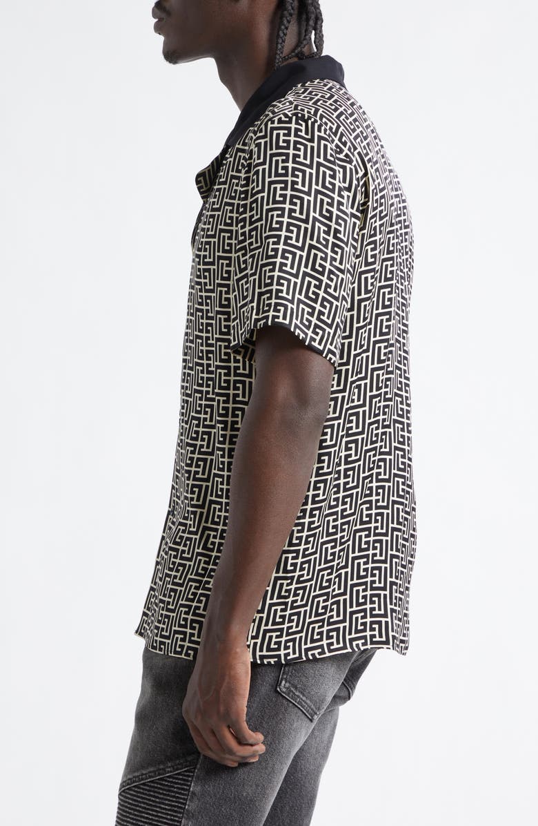 Balmain Monogram Jacquard Camp Shirt, Alternate, color, Ivory/ Black